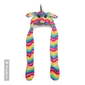Unicorn Hat with Hand Mitts Built In Draped Ends NWOT
